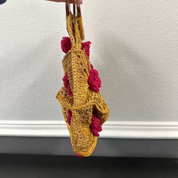 Mad Import Yellow Pink Floral Raffia Woven Crochet Style Bag Wood Handles Hippie - Picture 5 of 6